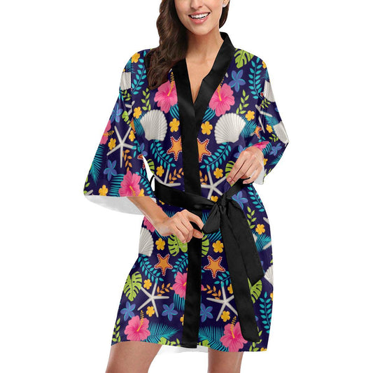 Beach Seashell Floral Theme Women Short Kimono Robe
