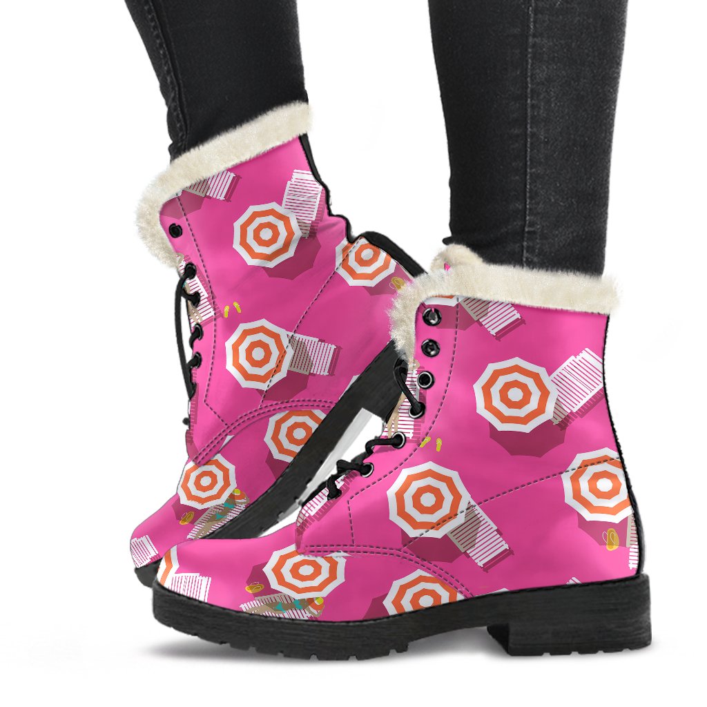 Beach Top View Umbrella Theme Faux Fur Leather Boots-JTAMIGO.COM