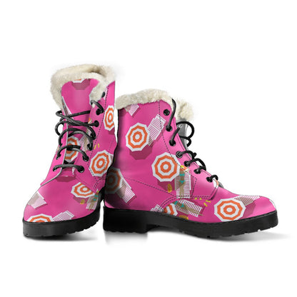 Beach Top View Umbrella Theme Faux Fur Leather Boots-JTAMIGO.COM