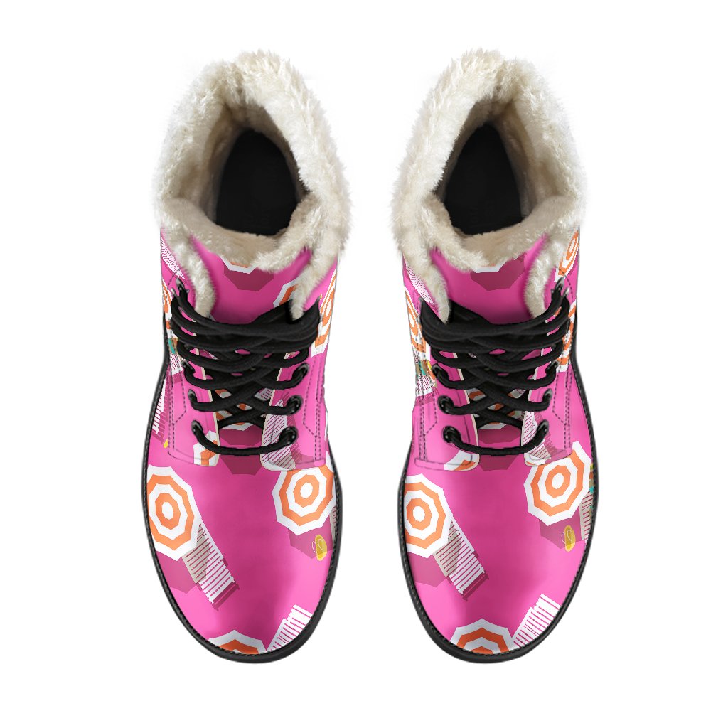 Beach Top View Umbrella Theme Faux Fur Leather Boots-JTAMIGO.COM
