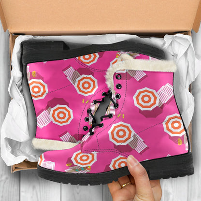 Beach Top View Umbrella Theme Faux Fur Leather Boots-JTAMIGO.COM