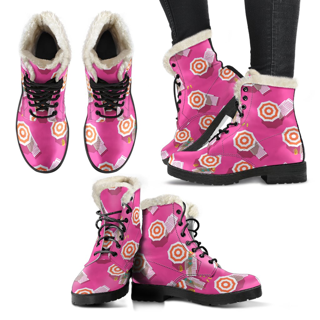Beach Top View Umbrella Theme Faux Fur Leather Boots-JTAMIGO.COM