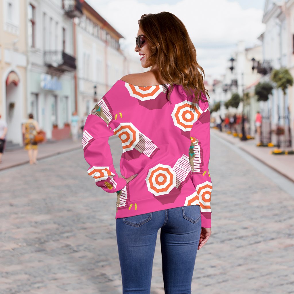 Beach Top View Umbrella Theme Off Shoulder Sweatshirt