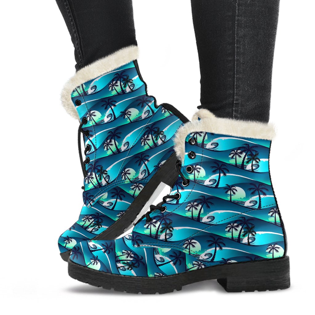 Beach Wave Design Print Faux Fur Leather Boots-JTAMIGO.COM