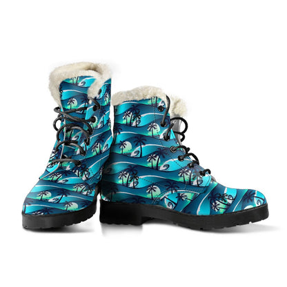 Beach Wave Design Print Faux Fur Leather Boots-JTAMIGO.COM