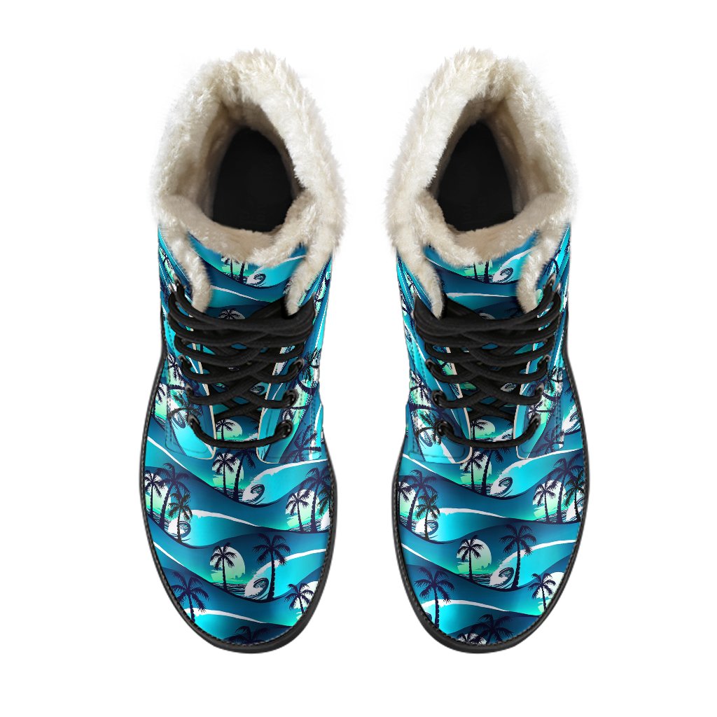 Beach Wave Design Print Faux Fur Leather Boots-JTAMIGO.COM