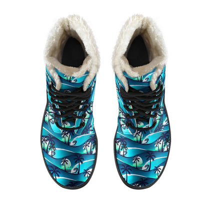 Beach Wave Design Print Faux Fur Leather Boots-JTAMIGO.COM