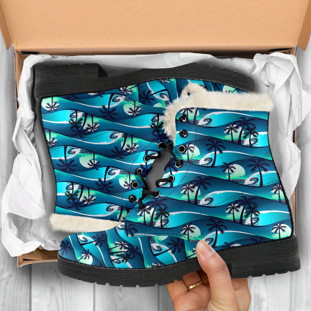 Beach Wave Design Print Faux Fur Leather Boots-JTAMIGO.COM