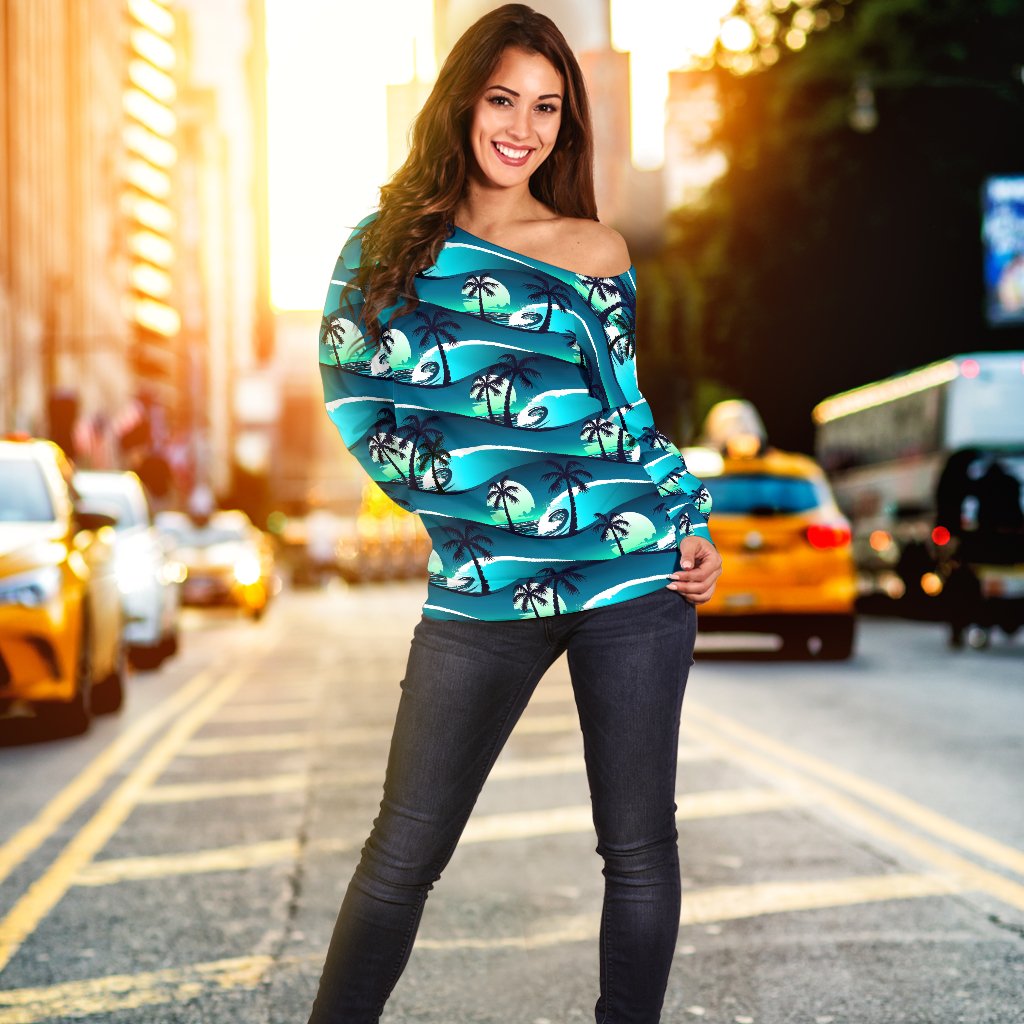 Beach Wave Design Print Off Shoulder Sweatshirt