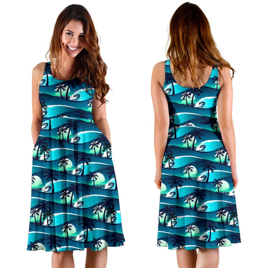 Beach Wave Design Print Sleeveless Dress
