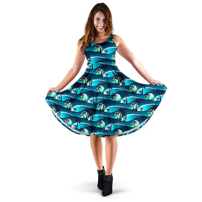 Beach Wave Design Print Sleeveless Dress