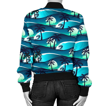 Beach Wave Design Print Women Casual Bomber Jacket