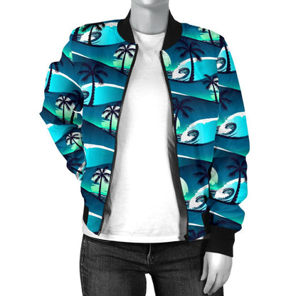 Beach Wave Design Print Women Casual Bomber Jacket