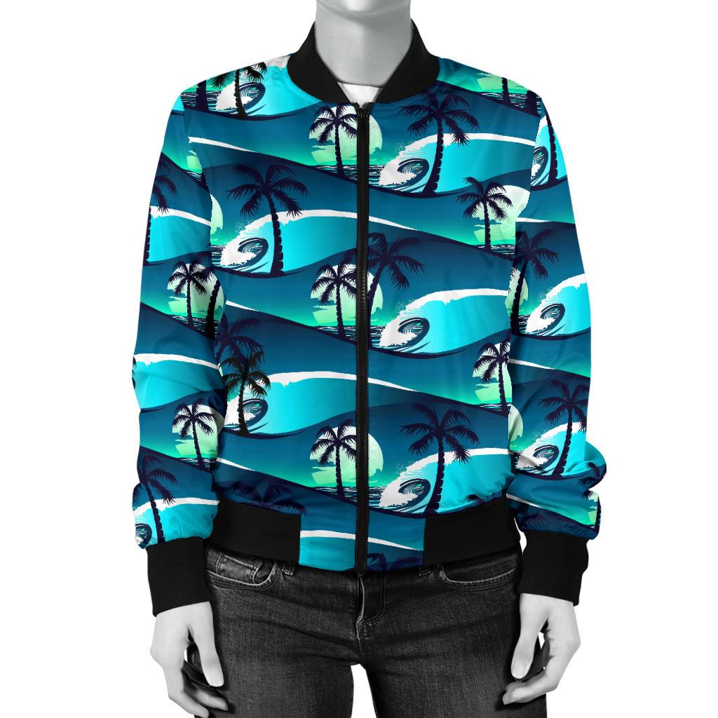 Beach Wave Design Print Women Casual Bomber Jacket