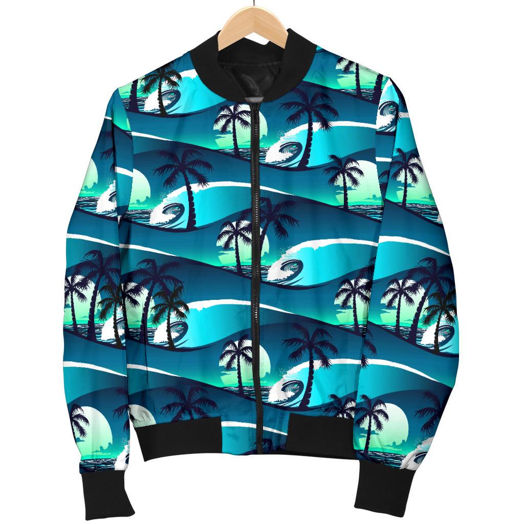 Beach Wave Design Print Women Casual Bomber Jacket