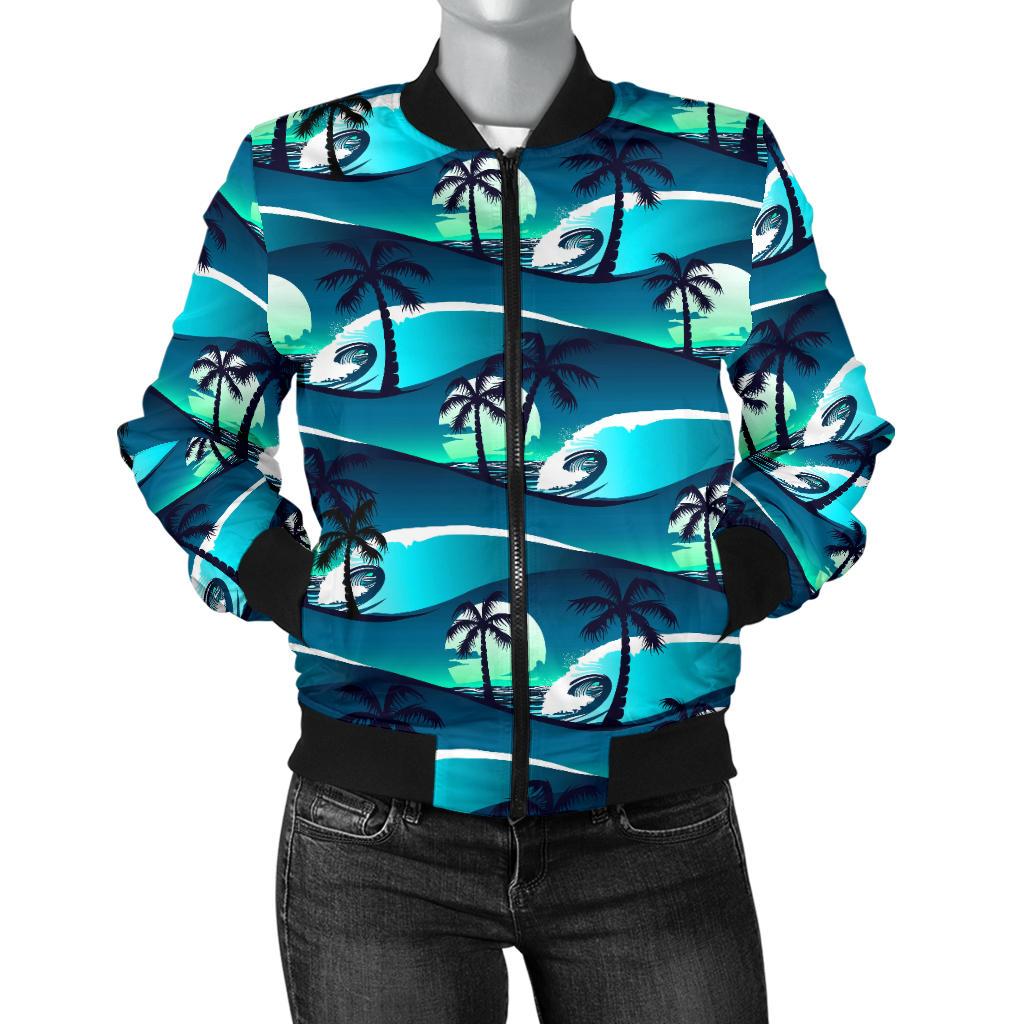 Beach Wave Design Print Women Casual Bomber Jacket