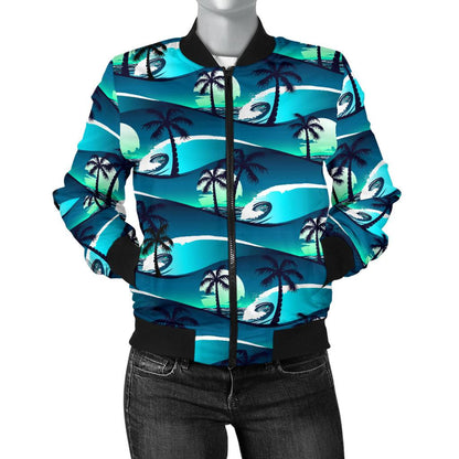 Beach Wave Design Print Women Casual Bomber Jacket