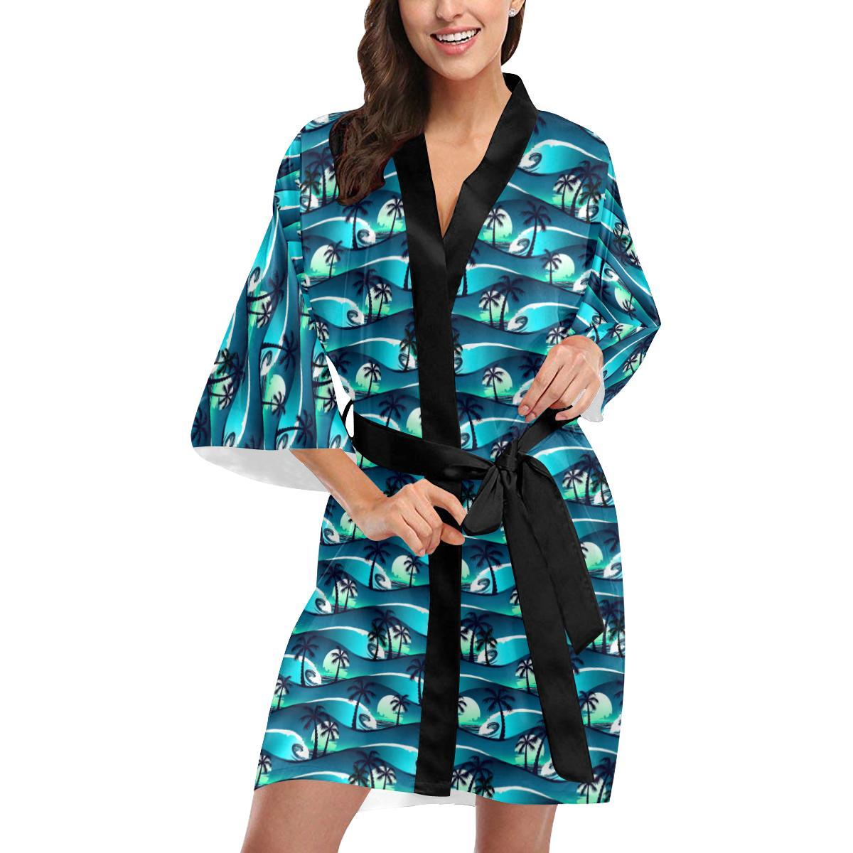Beach Wave Design Print Women Short Kimono Robe