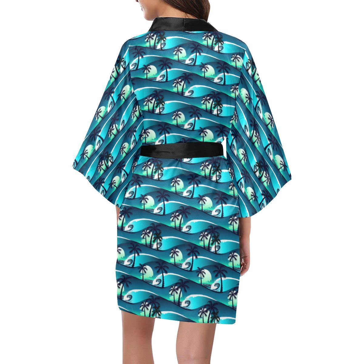 Beach Wave Design Print Women Short Kimono Robe