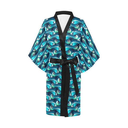 Beach Wave Design Print Women Short Kimono Robe