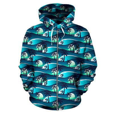 Beach Wave Design Print Zip Up Hoodie