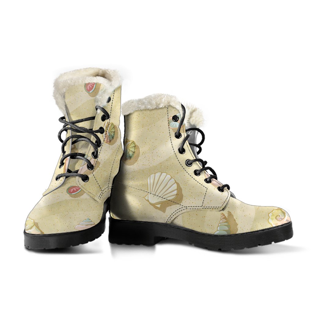 Beach with Seashell Theme Faux Fur Leather Boots-JTAMIGO.COM