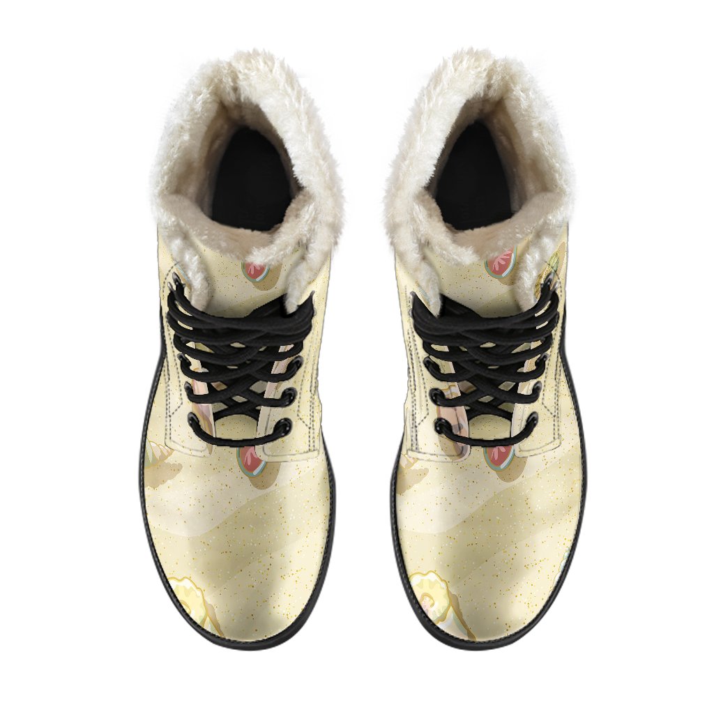 Beach with Seashell Theme Faux Fur Leather Boots-JTAMIGO.COM