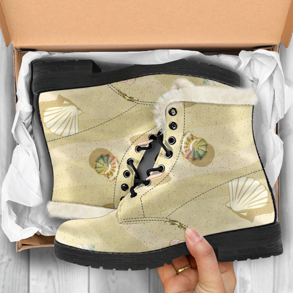 Beach with Seashell Theme Faux Fur Leather Boots-JTAMIGO.COM