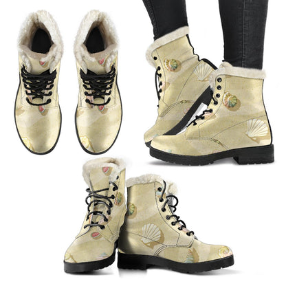 Beach with Seashell Theme Faux Fur Leather Boots-JTAMIGO.COM