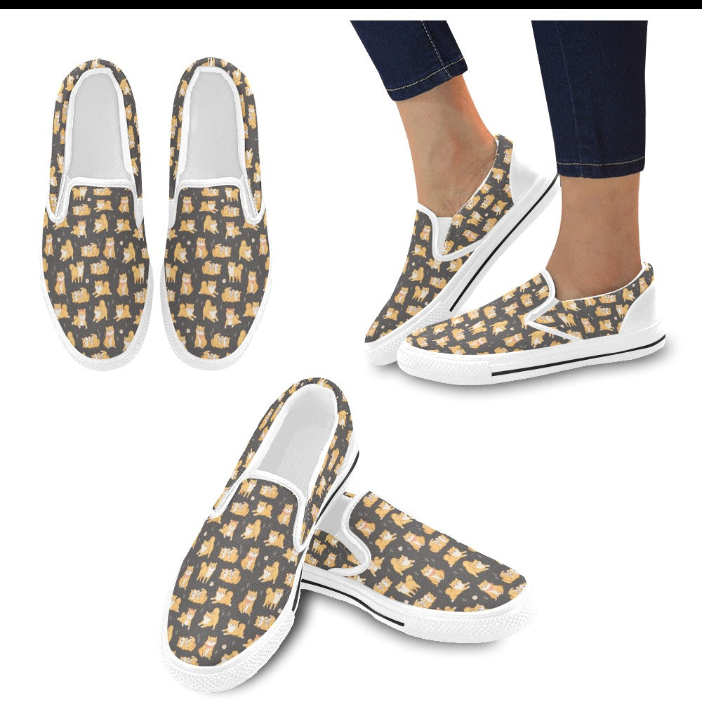 Shiba Inu Print Design LKS309 White Slip Ons Canvas Women's Shoes