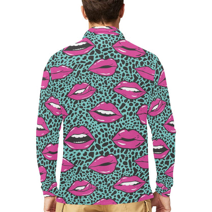 Lip Pattern Print Design 04 Long Sleeve Polo Shirt For Men's