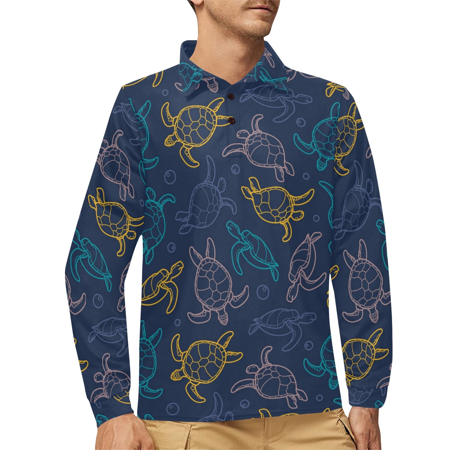 Sea Turtle Baby Print Long Sleeve Polo Shirt For Men's