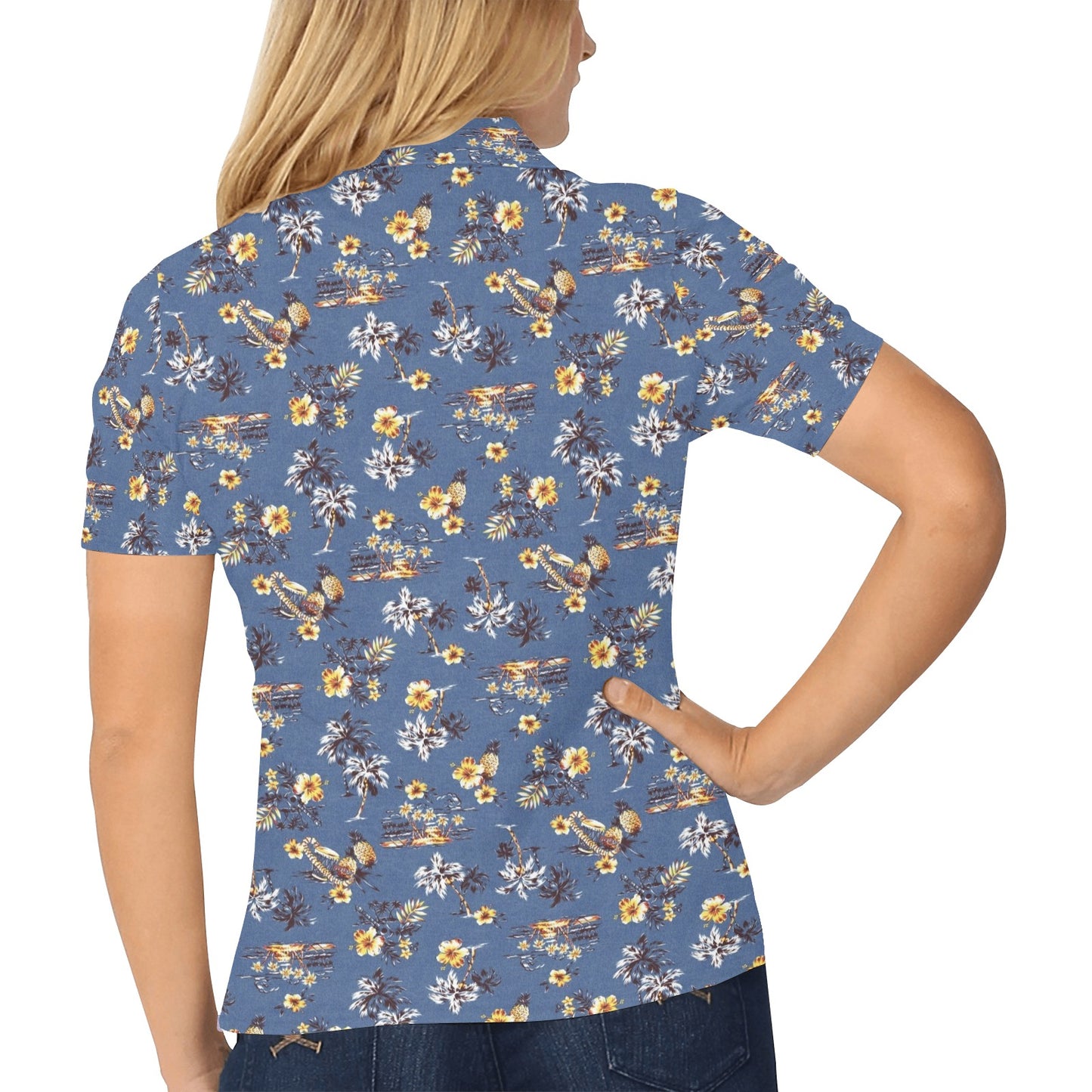 Hawaiian Flower Blue Print Women's Polo Shirt