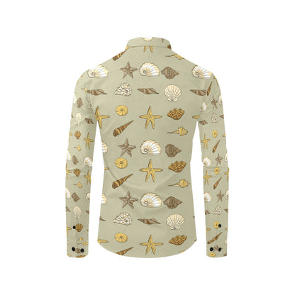 Seashell Beach Print Design LKS303 Men's Long Sleeve Dress Shirt