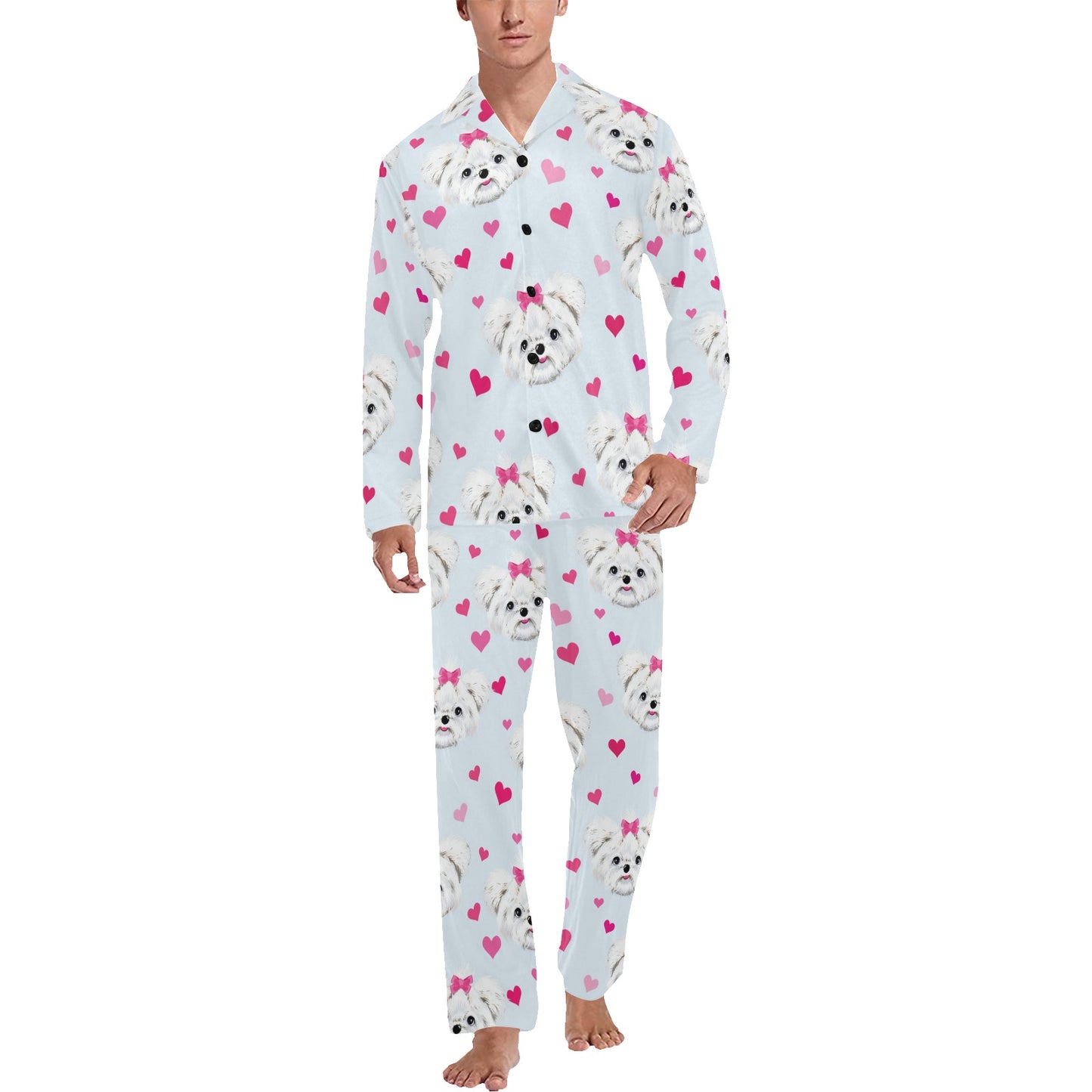 Maltese Pattern Print Design 03 Men's Long Pajama Set