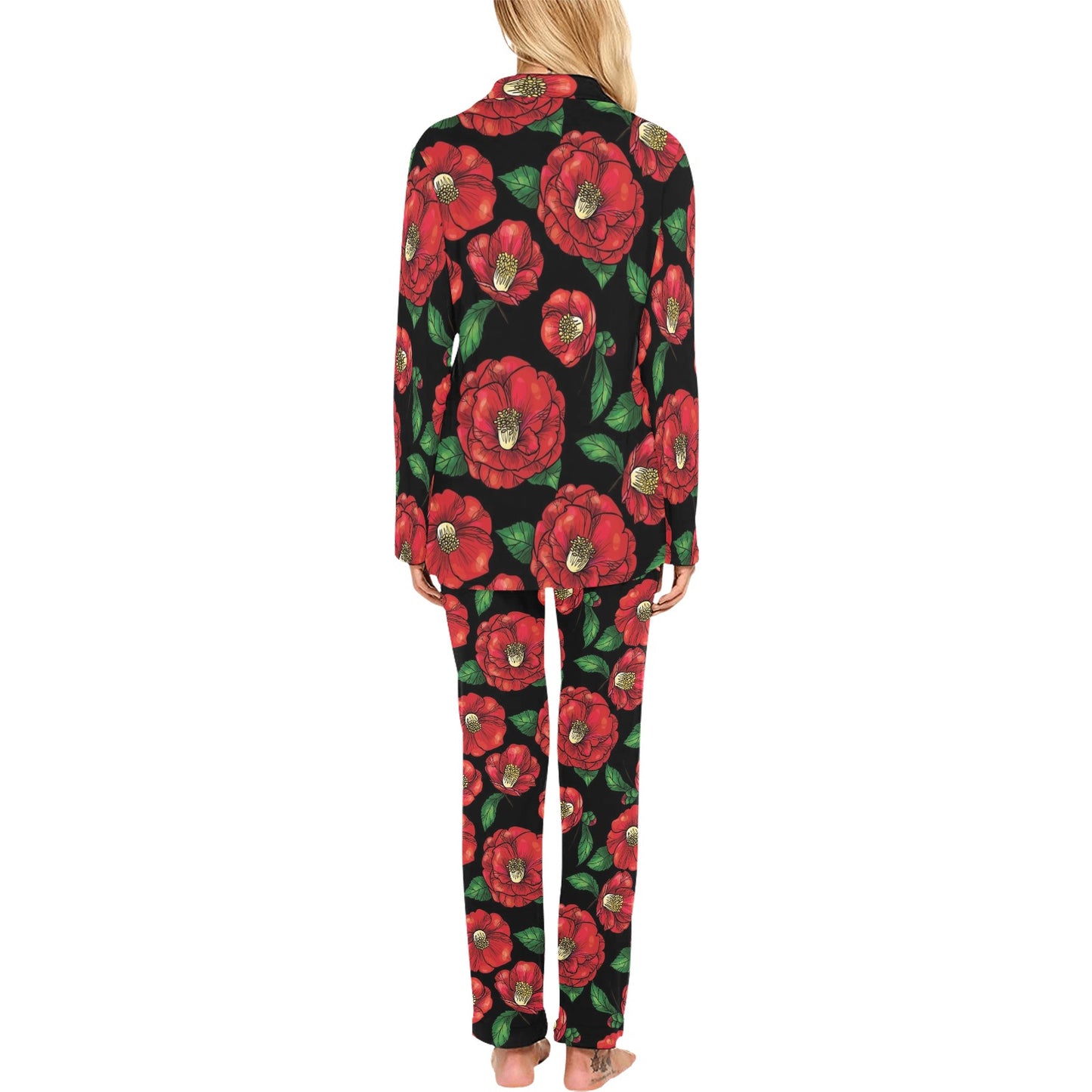 Camellia Pattern Print Design CM07 Women's Long Pajama Set