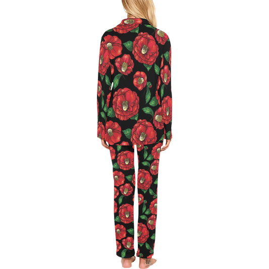Camellia Pattern Print Design CM07 Women's Long Pajama Set