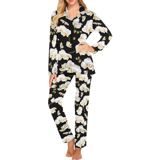 Orchid White Pattern Print Design OR011 Women's Long Pajama Set