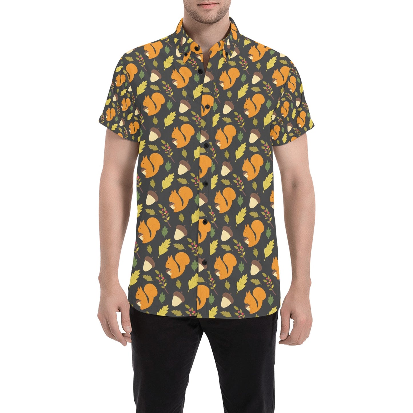 Squirrel Print Design LKS301 Men Short Sleeve Button Up Shirt