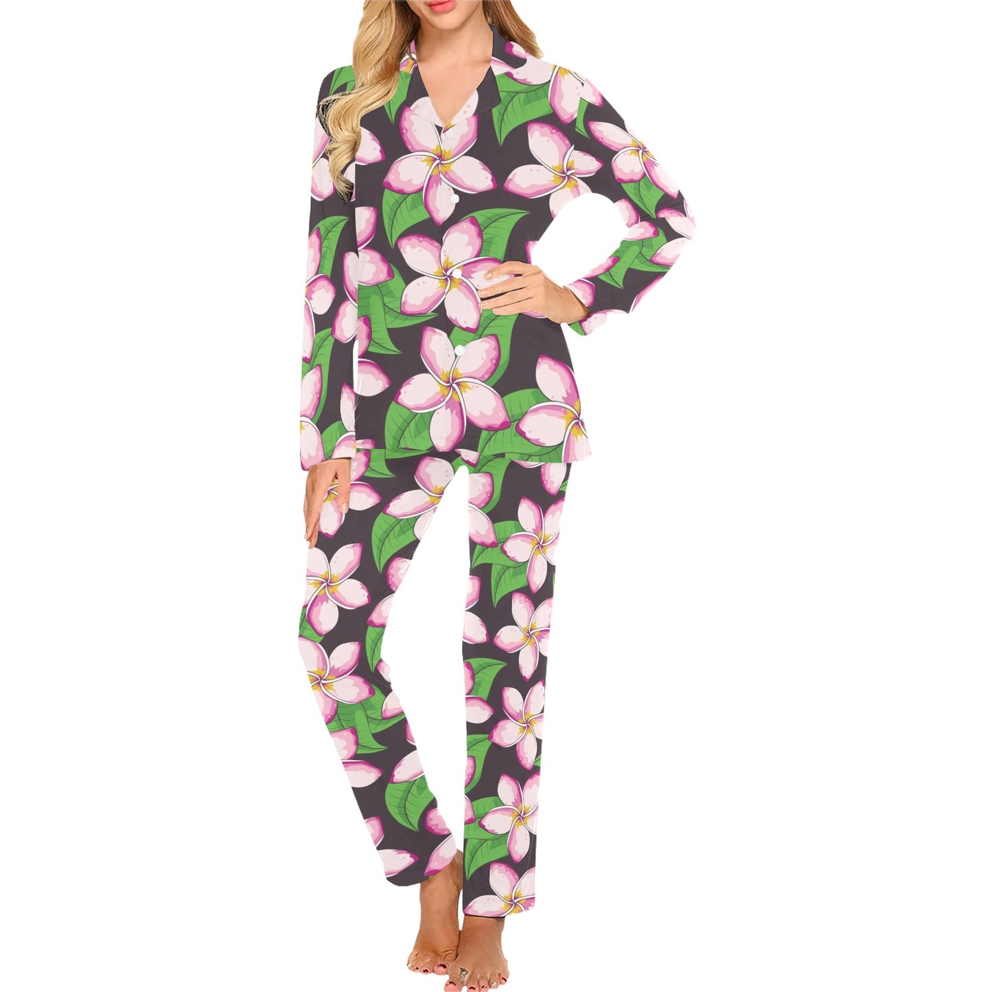 Pink Plumeria Pattern Print Design PM019 Women's Long Pajama Set