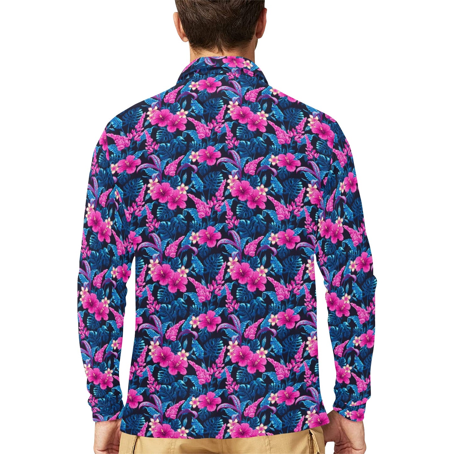 Tropical Folower Pink Themed Print Long Sleeve Polo Shirt For Men's