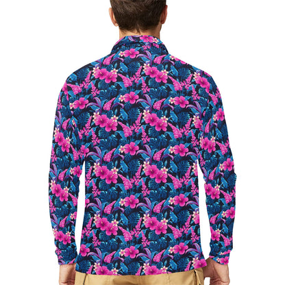 Tropical Folower Pink Themed Print Long Sleeve Polo Shirt For Men's