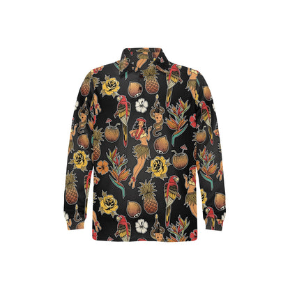 Hula Dancers Hawaiian Style Pattern Print Design 02 Long Sleeve Polo Shirt For Men's
