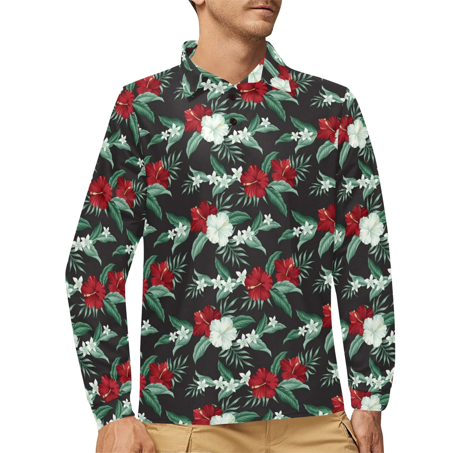 Tropical Flower Print Design LKS303 Long Sleeve Polo Shirt For Men's