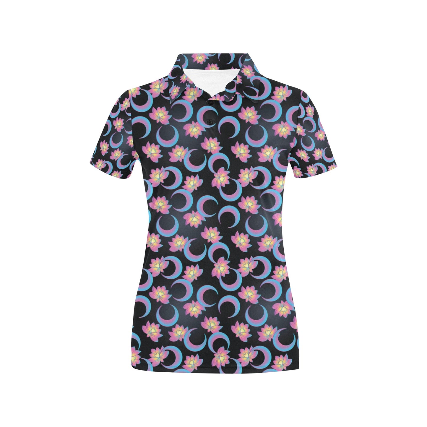 Lotus with Moon Pink Print Themed Women's Polo Shirt