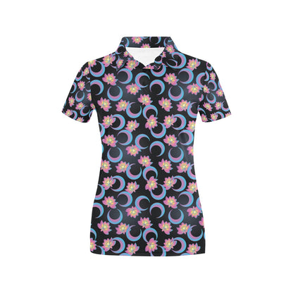 Lotus with Moon Pink Print Themed Women's Polo Shirt