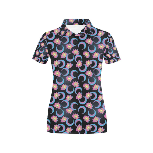 Lotus with Moon Pink Print Themed Women's Polo Shirt