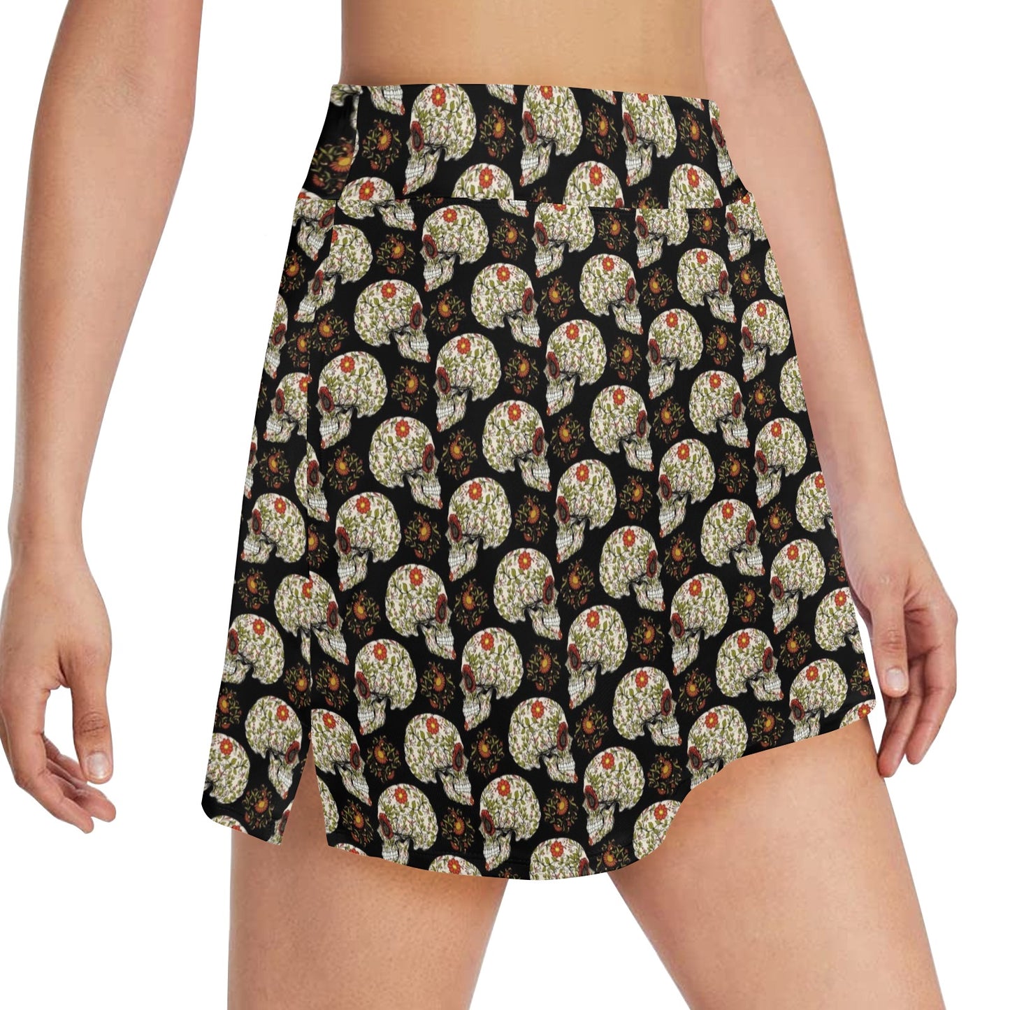 Sugar Skull Flower Design Themed Print 17" Golf & Pickleball Skort with Pockets