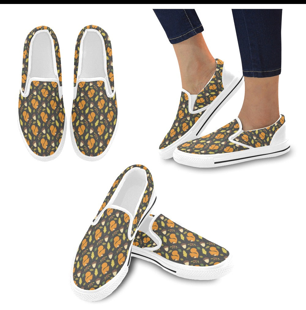 Squirrel Print Design LKS301 White Slip Ons Canvas Women's Shoes