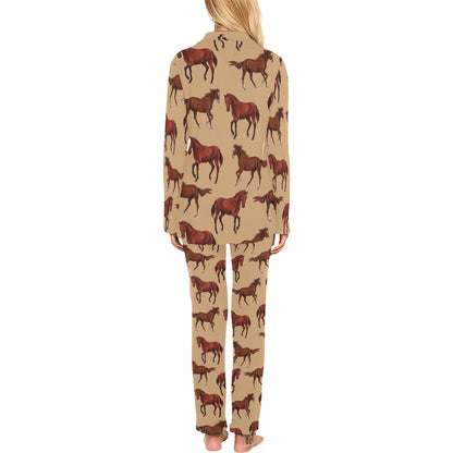 Brown Horse Print Pattern Women's Long Pajama Set
